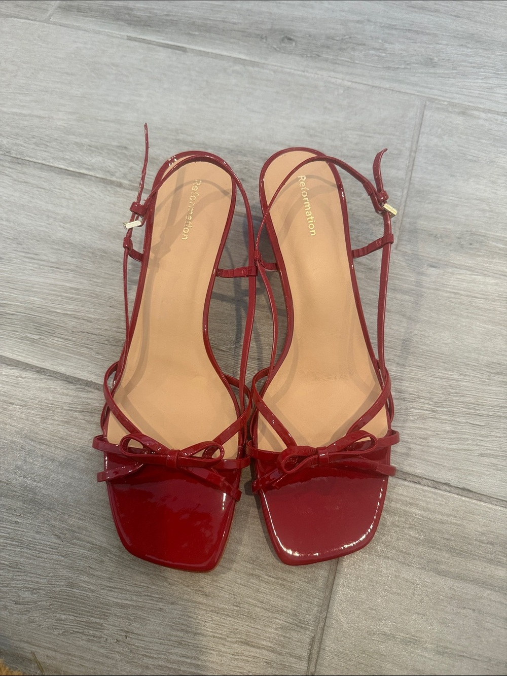 Reformation Cherry Red Patent Slingback Heels